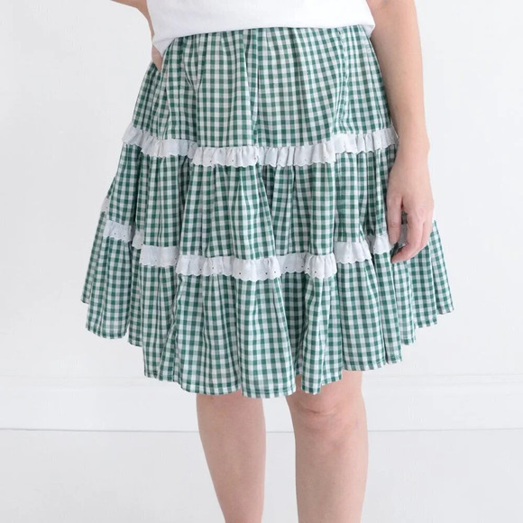 Green & White Checkered  Gingham Lace Trim Prairie Cottagecore Mini Skirt M - Picture 1 of 13